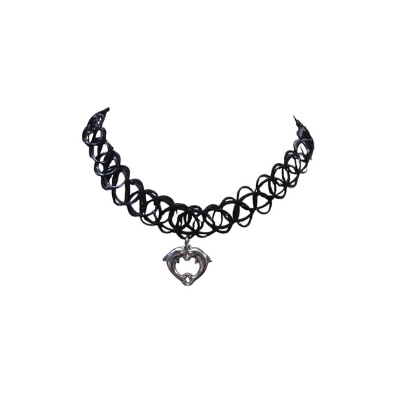 Jewelry - New Black Stretch Tattoo Choker Necklace Silvertone Double Dolphin Heart Pendant